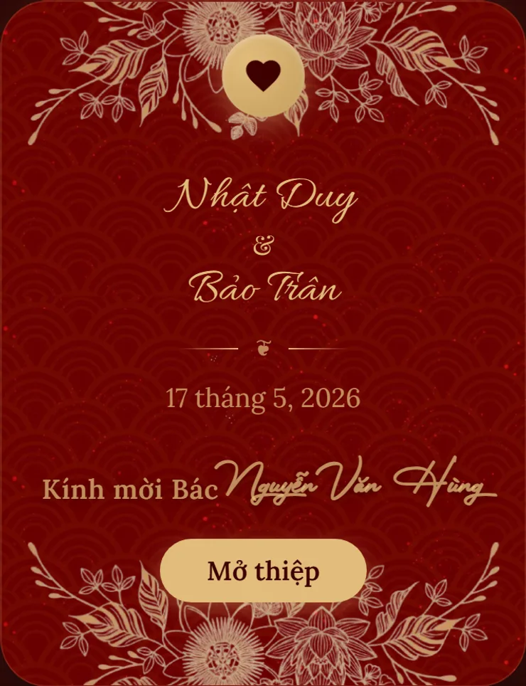 Vỏ thiệp cưới mẫu Cẩm Y tông đỏ, trên thiệp ghi Kính mời Bác Nguyễn Văn Hùng